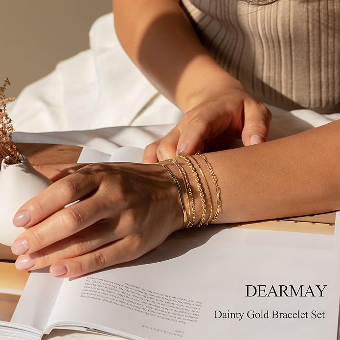 DEARMAY 14K Gold Plated Bracelets for Women Waterproof, Jewelry Sets Trendy Thin Dainty Stackable Cuban Link Paperclip Chain Bracelet Pack Fashion Accessories Gifts for Womens