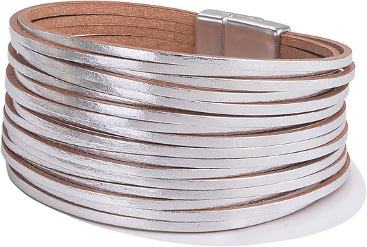 FANCY SHINY Boho Leather Wrap Bracelet Stackable Layered Bangle Cuff with Magnetic Clasp