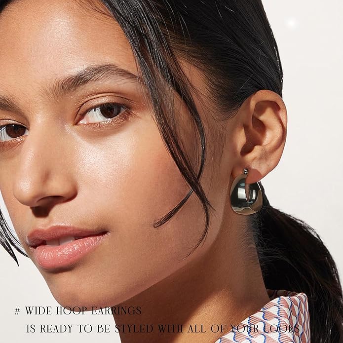 EXGOX Gold Hoop Earrings for Women Sterling Silver Post Hoops Earrings for Women Wide Thick Silver Hoop Earrings Hypoallergenic Lightweight 14k Real Gold Plated Hoop Large Earrings (25/30/40/50MM)