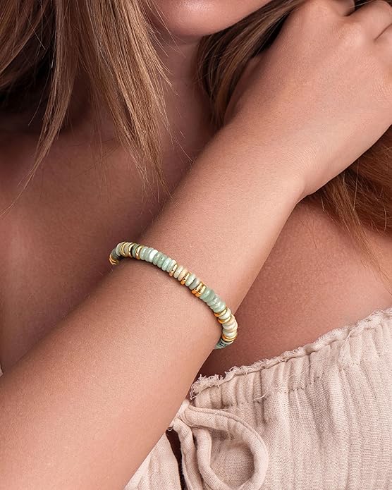 Colorful 18K Gold Plated Bracelets for Women, Stack Bangle Beaded Stone Jewelry Accessories Set for Woman, Trendy Fashion Jewelry Gifts