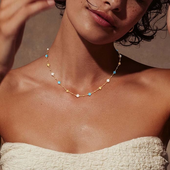 MTMY Beaded Necklaces for Women 14K Gold Plated Dainty Colorful Green/Rose Beaded Pearl Choker Necklace Delicate Boho Choker Necklace Jewelry Gift