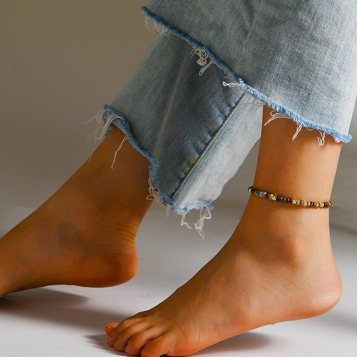 Natural Stone Beaded Anklets Bracelets for Women Handmade Beaded Anklet Bracelet Waterproof Boho Beads Ankle Bracelet Adjustable Summer Jewelry