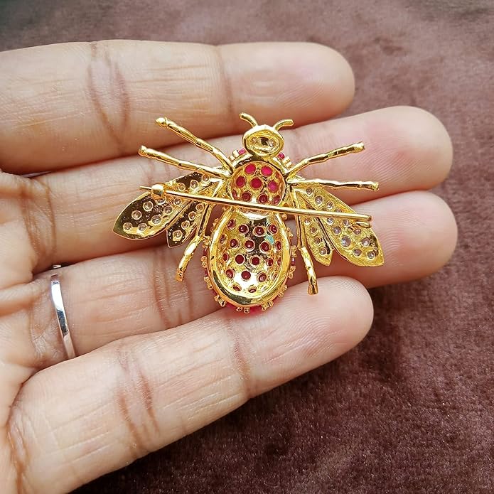2Ct Round Cut Red Ruby & White Diamond Honey Bee Brooches Pin 14K Yellow Gold Plated