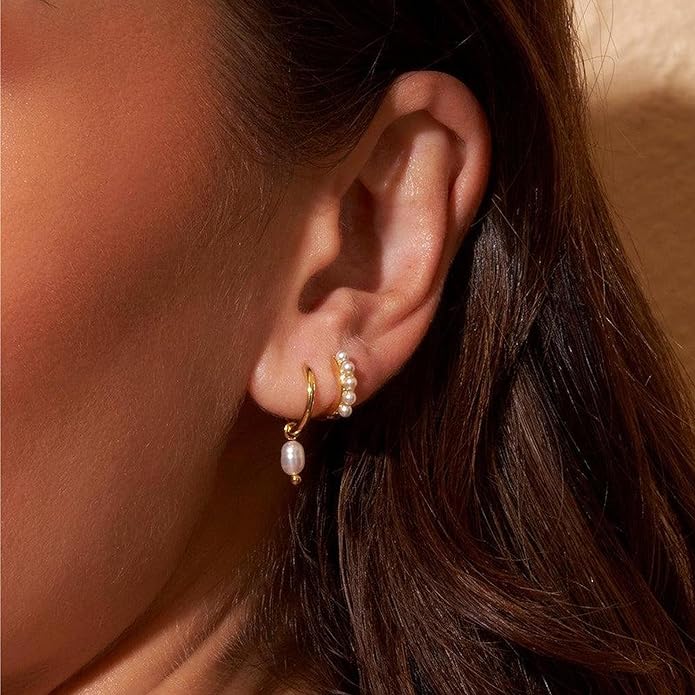 Gold Plated Earrings for Women, 14k Gold Plated Earring Stack Hypoallergenic Pearl Drop Earring Dainty Earrings for Women Trendy Cute Small Huggie Hoop Earring Fashion Womens Jewelry