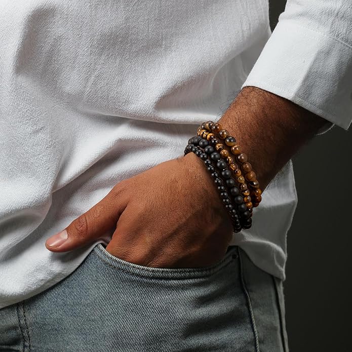 RANKEEF Mens Bead Bracelet Set - Adjustable Elastic Rope With 6&8MM Natural Stone Multi-Colored Beads - Tiger Eye Bracelets for Men - Gift