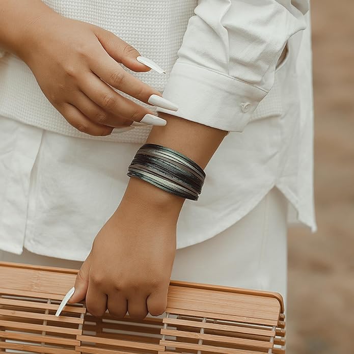 FANCY SHINY Boho Leather Wrap Bracelet Stackable Layered Bangle Cuff with Magnetic Clasp