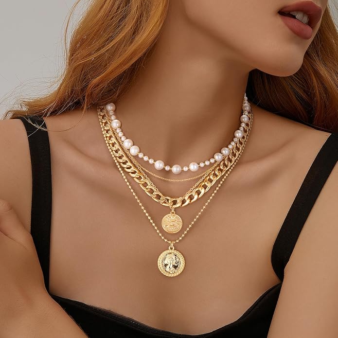 MJartoria Layered Necklaces for Women Trendy Retro Coin Pendant Necklace Dainty Chunky Chain Choker Necklaces for Jewelry Birthday Gifts