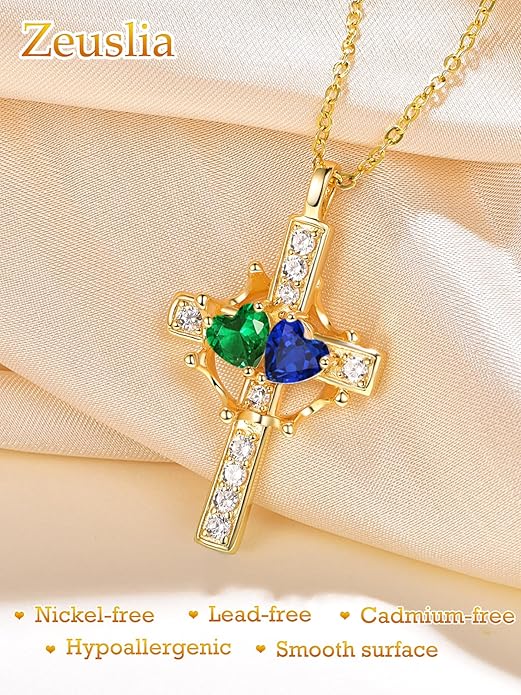 Zeuslia Double Birthstone Necklace Gifts for Wife - 925 Sterling Silver Sunflower/Rose/Crown Cross/Compass/Heart Pendant I Love You Necklace, Anniversary Birthday Gifts for Wife Girlfriend Mom Her