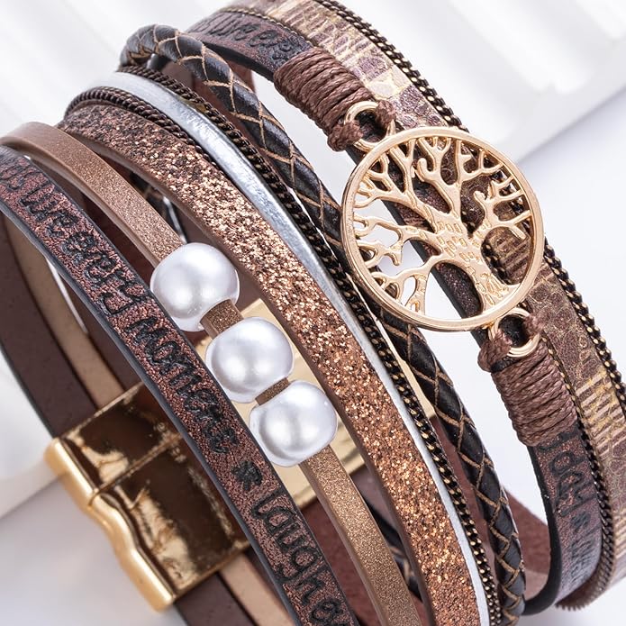 FANCY SHINY Tree of Life Leather Wrap Bracelet Inspirational Cuff Bangles Boho Pearl Bracelets with Magnetic Clasp Unique Jewelry Gifts for Women