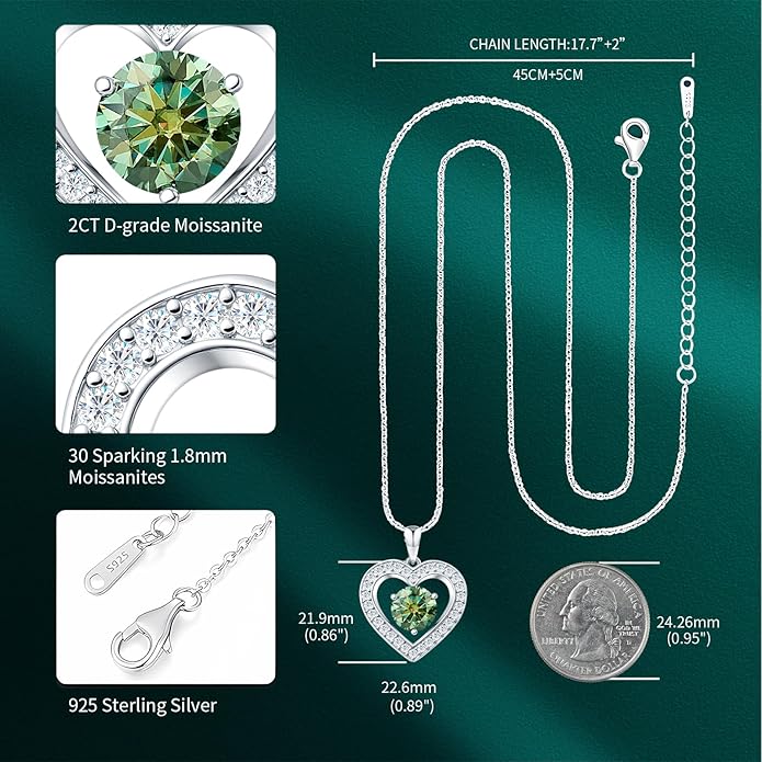 31-Stone Birthstone Heart Necklace for Women | 2ct Moissanite & 30 Sparkling Accents | Valentine's Day, Birthday,Mother's Day, Christmas Gift for Wife, Mother, Girlfriend