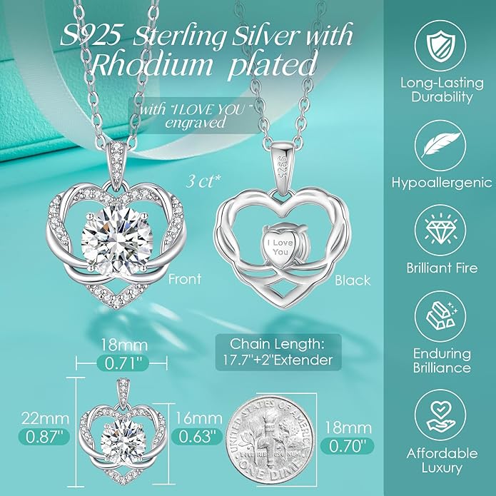 OOBEE Moissanite Heart Necklace for Women 925 Sterling Silver Fine Jewelry Twist Pendant, Valentine Anniversary Birthday Gift for Wife, Mom, Girlfriend