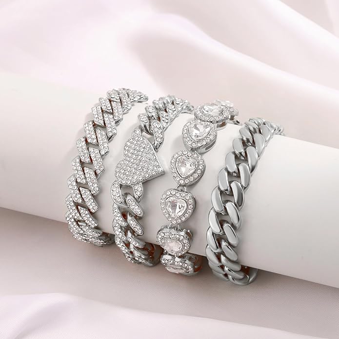 shopbyskyler 4PCS Gold Bracelets for Women Silver Clustered Tennis Bracelet for Women Heart Round Diamond Cuban Bracelet Layered Link Bracelet Set Fashion Jewelry for Women Set