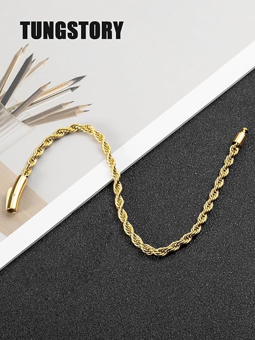 Men's 18K Gold Filled Bracelet - 8 Inch Rope Chain Bracelet with Easy-On Bayonet Clasp, Jewelry Box Included, Anniversary Birthday Gift for Men - Hypoallergenic Non-Tarnish, 4mm, Hip-Hop Accessory