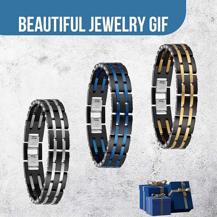 Holizaly Men's Stainless Steel Two Tone Square Link Bracelet, Black and Blue Ion Plated Black