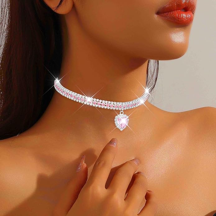 CLOACE Rhinestone Choker Necklace Heart Pendant Diamond Row Necklaces Sparkly Crystal Prom Chain Jewerly Accessories for Women