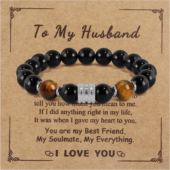 Hamoery Bracelets for Men Natural Tiger Eye Stone Beads Braided Rope Bracelet Gift for Dad Husband