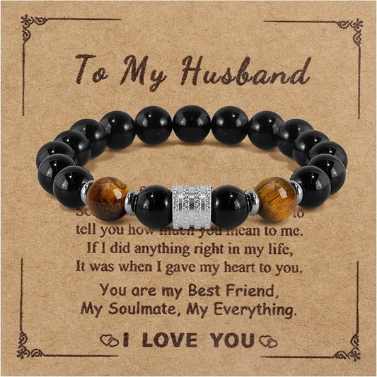 Hamoery Bracelets for Men Natural Tiger Eye Stone Beads Braided Rope Bracelet Gift for Dad Husband