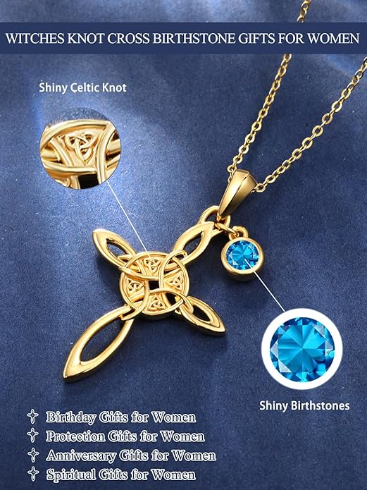 Witches Knot Necklace for Women, 14K Gold Celtic Knot Cross Jewelry with Triquetra Trinity with Birthstone Pendant, Birthday Witchy Spiritual Gifts for Her Wife Mom Grandma, 18+2 Inch Chain
