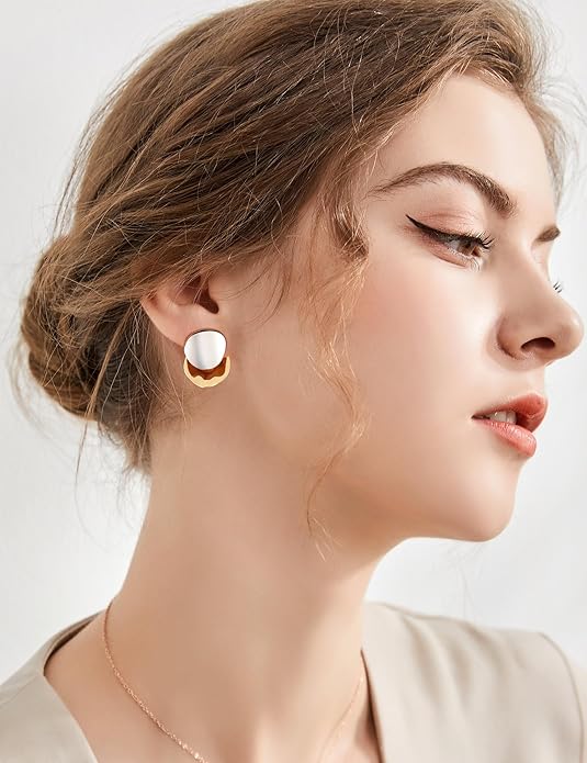 SHINYSO Chunky Stud Earrings for Women Two Tone Mixed Metal Gold and Silver Big Statement Hypoallergenic Earring