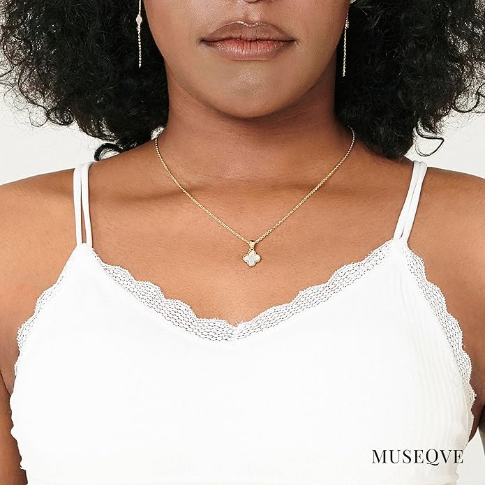 MUSEQVE Four Leaf Clover Necklace for Women Dainty Mother of Pearl White Black Onyx Pink Blue Mint Green Crystal Lucky Clover Pendant 14K Gold Plated Jewelry Gifts [CVRN]