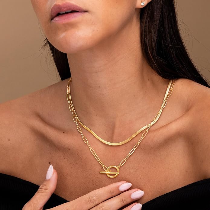 CHESKY 14K Gold Plated Layered Herringbone Necklaces for Women, Trendy Paperclip Snake Chain Necklace Cuban Link Simple Chunky Toggle Clasp Necklace Set Fashion Jewelry