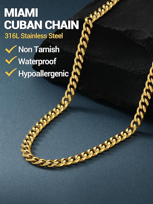 PROSTEEL Miami Cuban Link Chain for Men, 18K Gold/Black/Stainless Steel Necklace,6mm/9mm/12mm Width, Upgrade Clasp & Durable Chain for Mens Womens Jewelry,18"-30",with Gift Box