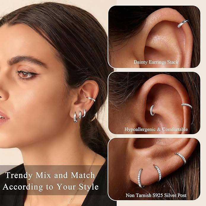 DORANA Valentines Day Gift 3 Pairs 925 Sterling Silver Earrings for Women Girls Non Tarnish Small Hypoallergenic Huggie Hoops Cartilage Stack Earring Sets for Multiple Piercing