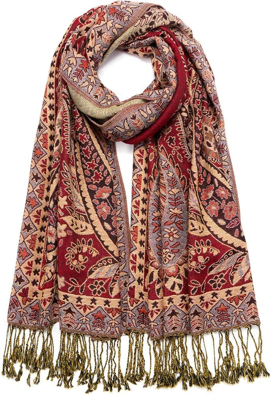 QIUTIMIY Paisley Pashmina Shawl Wrap Women Reversible Vintage Jacquard Pashmina Rave Scarf with Fringe for Evening, Wedding
