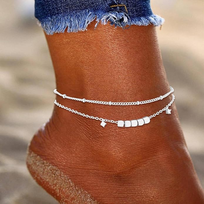 Sterling Silver Anklet Bracelets for Women Waterproof, 925 Sliver Plated CZ & Heart Charm Dainty Layer Anklets for Women Trendy, Simple Chain Anklets Set Gifts for Women, Jewelry Gifts for Her Women Mom Wife Girlfriend
