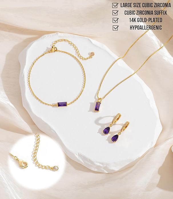 Birthstone 14K Gold Plated Bracelets Earrings Necklaces Jewelry Set， Blue Green May Cubic Zirconia，Friendship Bracelets Jewelry Gifts for Mom Best Friend Birthday