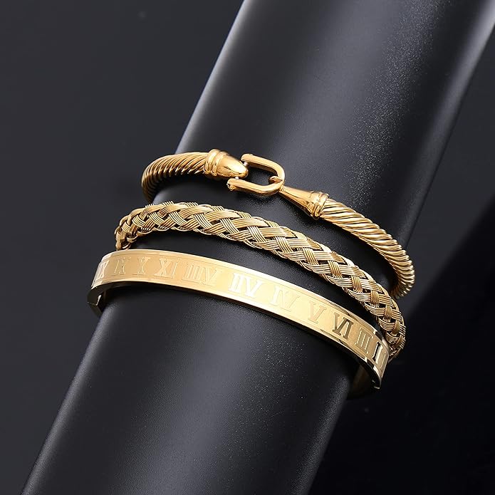 WFYOU 3PCS Stainless Steel Bracelets for Men Gold Roman Numeral Bangle Bracelet Twisted Cable Bracelet Adjustable Cuff Bracelet Mens Luxury Jewelry Bracelets Gifts