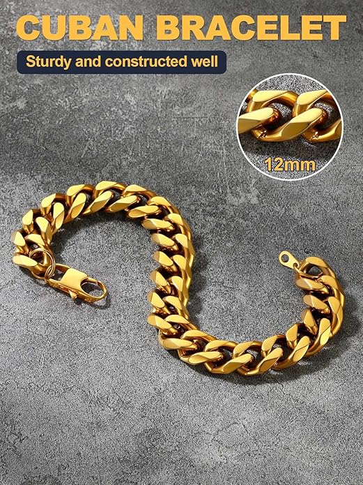U7 Link Bracelets for Men, Cuban Link/Rope/Watch Band Solid Bracelet, Silver Black Gold Color Wrist Bracelet 3/6/9/12/15mm Width, 6.5/7.5/8.3 Inch Length, Hand Chain Jewelry for Mens Women
