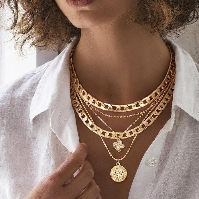 MJartoria Layered Necklaces for Women Trendy Retro Coin Pendant Necklace Dainty Chunky Chain Choker Necklaces for Jewelry Birthday Gifts