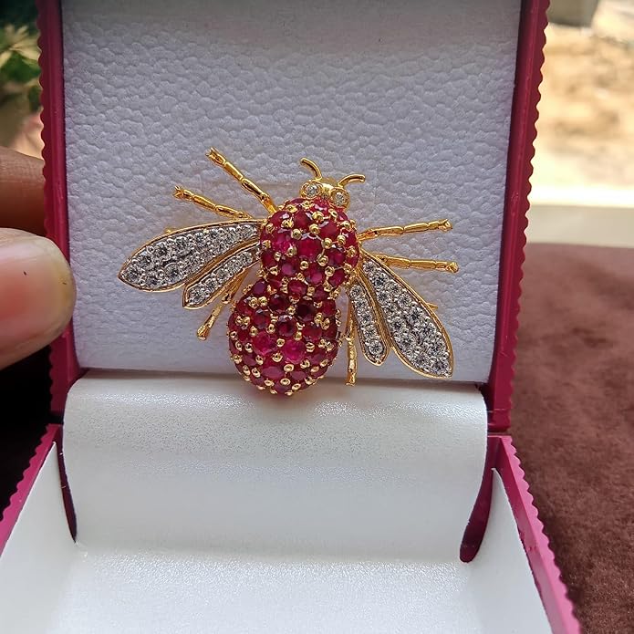 2Ct Round Cut Red Ruby & White Diamond Honey Bee Brooches Pin 14K Yellow Gold Plated