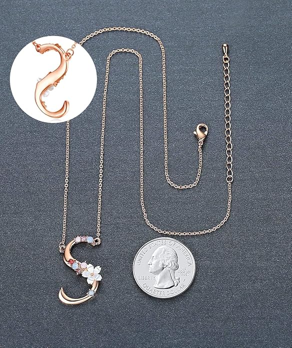 Flower Initial Letter Necklace Pink Red Blue Simulated Pearl Pendant Name Jewelry Made with Austrian Crystals Rose Gold Plated Anniversary Birthday Gifts for Women,18"+2"