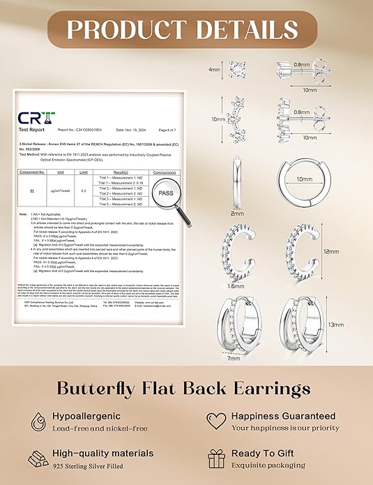 Florideco 925 Sterling Silver Earrings for Women Trendy Hypoallergenic Small Gold Hoop Earrings 14K Gold Plated Stud Earring Sets for Multiple Piercing CZ Ear Cuff Cartilage Earring Stacks