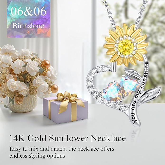 PERJI Valentine's Day Gifts for Women - 925 Sterling Silver Double Birthstone Sunflower Necklace, Anniversary Birthday Jewelry You are My Sunshine Gifts for Wife Couple Girlfriend 18"+2" Non Tarnish