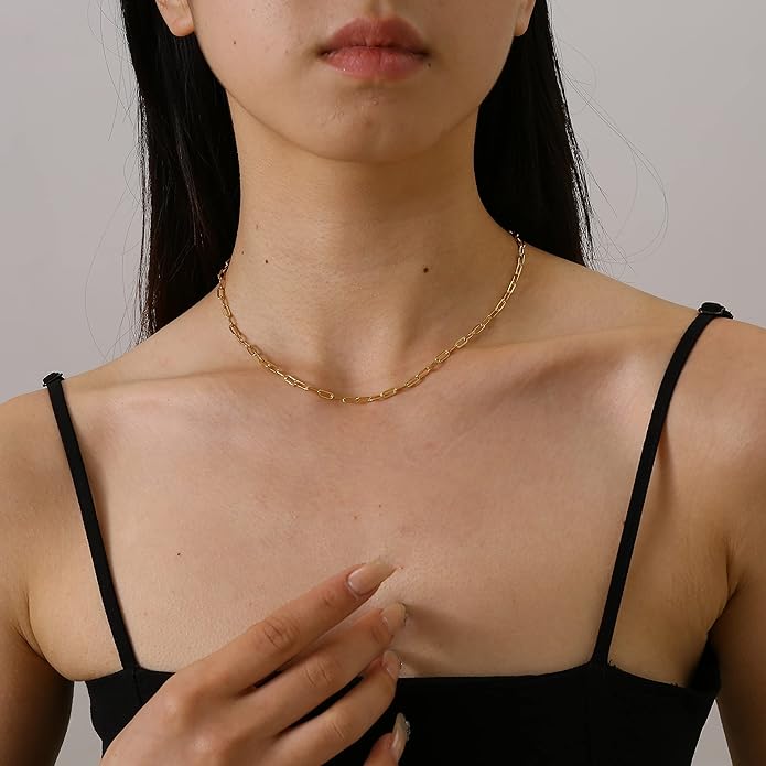 Dainty Chain Necklace for Women, 18K Gold Plated Coin Disc Choker Necklaces Simple Satellite Beaded Twisted Thin Paper Clip Chain Everyday Jewelry Gifts