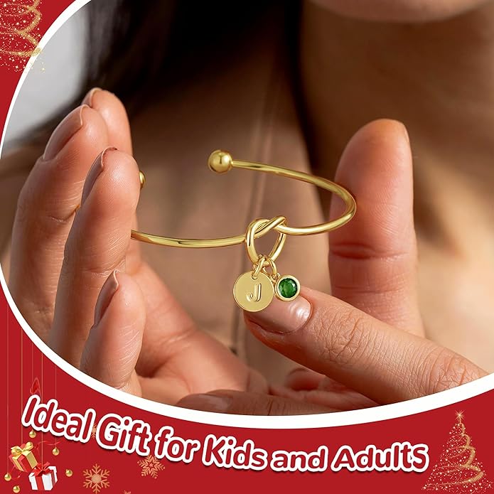 Turandoss Christmas Gifts for Grandkids, Dainty 14K Gold Plated 12 Months Disc Initial Birthstone Heart Knot Bangle Bracelet Birthday Bridesmaid Bracelet Jewelry for Women Girls