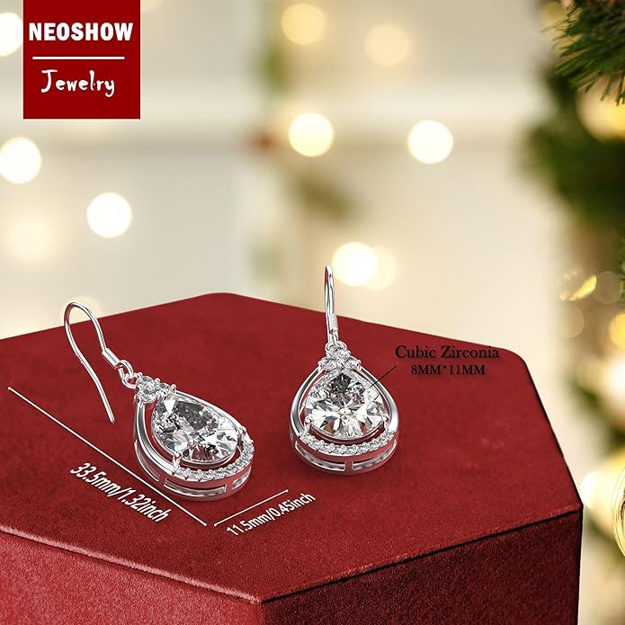 18K White Gold Plated Sterling Silver Teardrop Cubic Zirconia Drop Dangle Earrings for Women Pear Cut CZ Diamond Dangle Earrings Hypoallergenic Jewelry