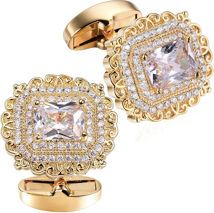 HAWSON Cufflinks for Men, Gold Diamond Crystal Cufflinks for Groom Husband Personalized Gifts, Mens Formal Wedding Business Cufflinks, Luxurious Gorgeous Cuff Links French Shirt Accessories