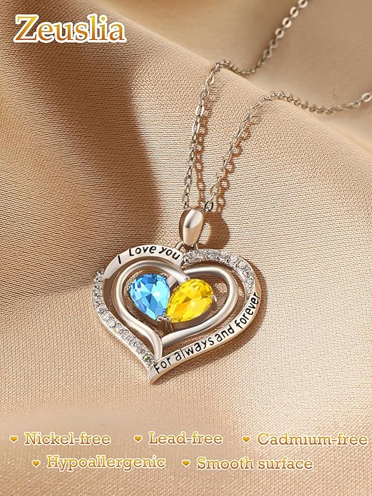 Zeuslia Double Birthstone Necklace Gifts for Wife - 925 Sterling Silver Sunflower/Rose/Crown Cross/Compass/Heart Pendant I Love You Necklace, Anniversary Birthday Gifts for Wife Girlfriend Mom Her