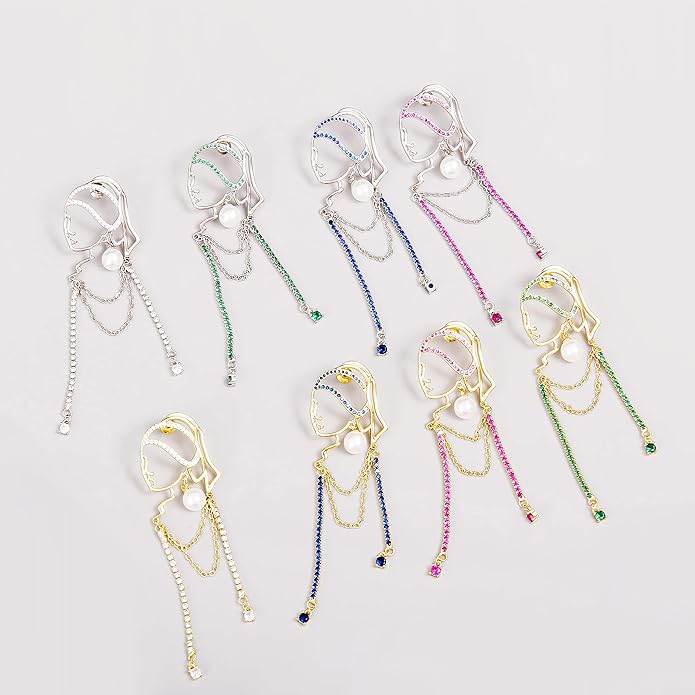 Unique Abstract Face Art | Dangle Statement Long Earrings for Women | Rhinestone Tassel Handmade Chandelier Earrings