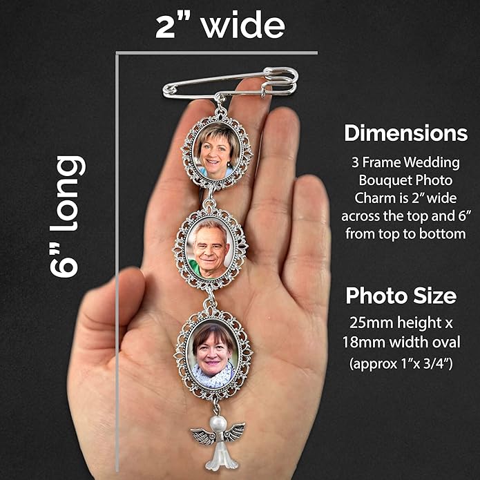 Wedding Boutonniere Angel Photo Charm Pin Brooch Cascading Triple Frame for Mother of Bride or Groom or Flower Bouquet