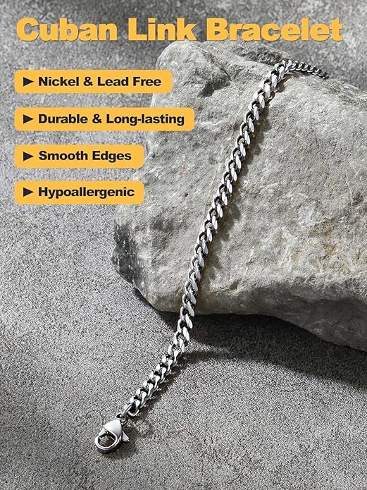 U7 Link Bracelets for Men, Cuban Link/Rope/Watch Band Solid Bracelet, Silver Black Gold Color Wrist Bracelet 3/6/9/12/15mm Width, 6.5/7.5/8.3 Inch Length, Hand Chain Jewelry for Mens Women