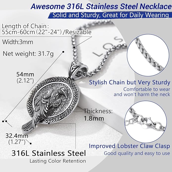 PROSTEEL Norse Viking Jewelry for Men Women, Vintage Thor Hammer/Thor Axe/Raven/Odin Necklace, 316L Stainless Steel Pendant Chain, Come with Box