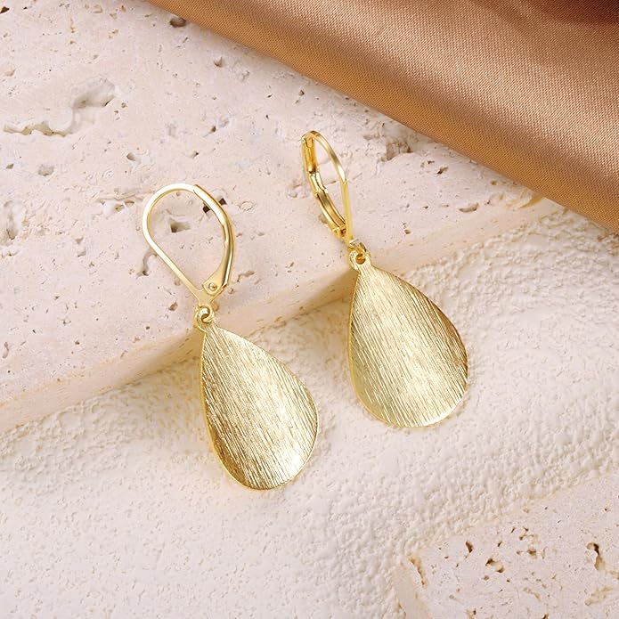 14K Gold Dangle Earrings for Women，Lightweight Circle Disc Coin Geometric Flat Brushed Drop Earrings, Hypoallergenic Leverback Earrings S925 Jewelry