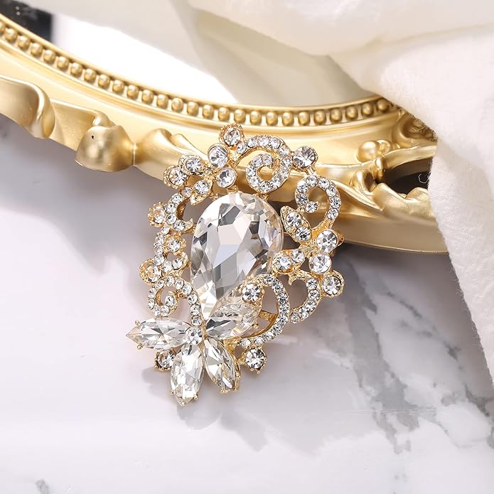 BriLove Elegant Crystal Teardrop Marquise Bouquet Brooch Pin for Women