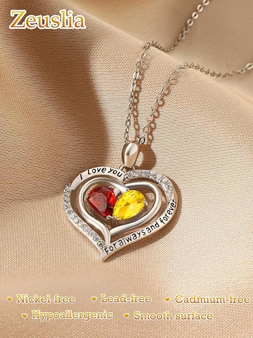 Zeuslia Double Birthstone Necklace Gifts for Wife - 925 Sterling Silver Sunflower/Rose/Crown Cross/Compass/Heart Pendant I Love You Necklace, Anniversary Birthday Gifts for Wife Girlfriend Mom Her