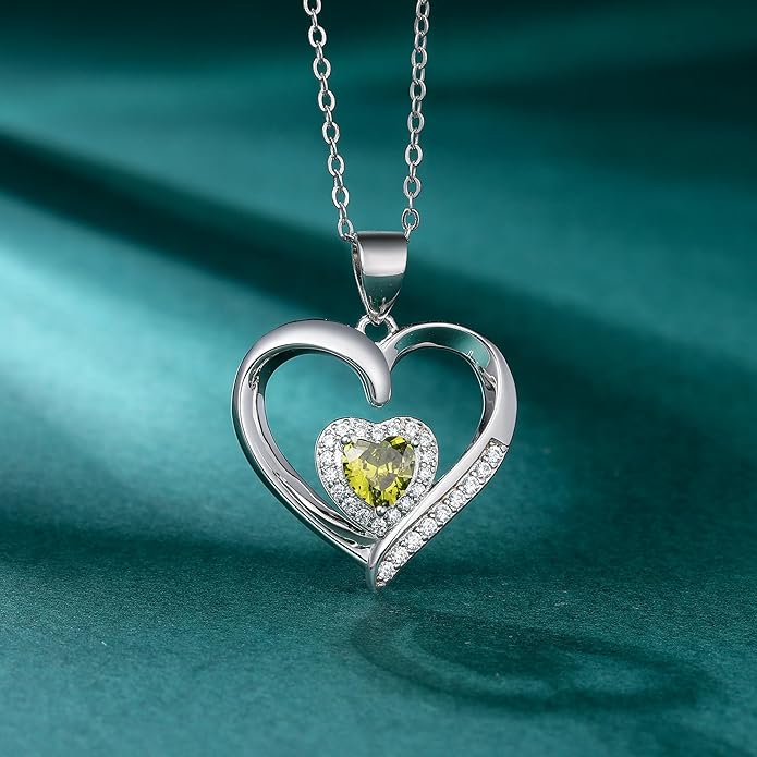 GLIVEOR Heart Birthstone Necklace for Women,S925 Sterling Silver Necklace Birthstone Necklace Heart Necklace for Women Birthday Jewelry Gifts for Women